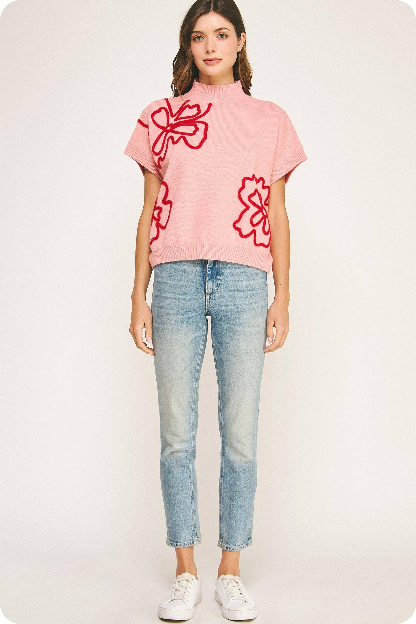 Claire Floral Embroidered Knit Top: Pink