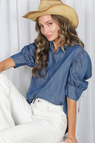 Collared Puff Sleeve 100%Tencel Chambray Shirt VT81707K: Light Denim / L