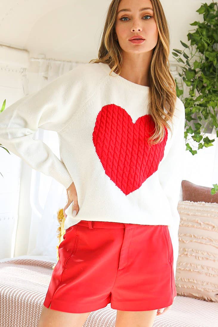 Heart Design Cable Detail Knitted Sweater Top White/Red