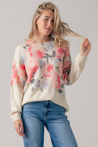 Oversized Floral Print Soft Knit Sweater: CREAM MULTI / SM-ML (3-3)