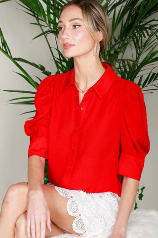 Collared Neckline Puff Short-Sleeve Blouse Top VT81707C: Taupe / S