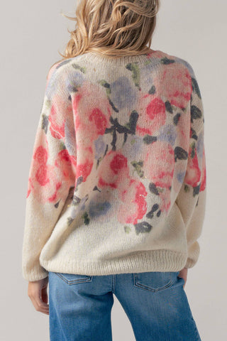 Oversized Floral Print Soft Knit Sweater: CREAM MULTI / SM-ML (3-3)