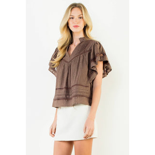 V Neck Fluttered Cut Out Top: OLIVE / XS-S-M-L(1-2-2-1)