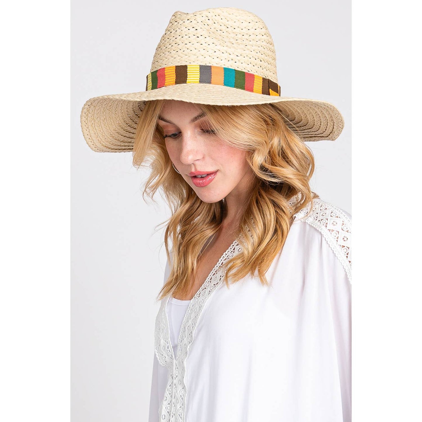 Multi Color Stripe Band Straw Hat: Black