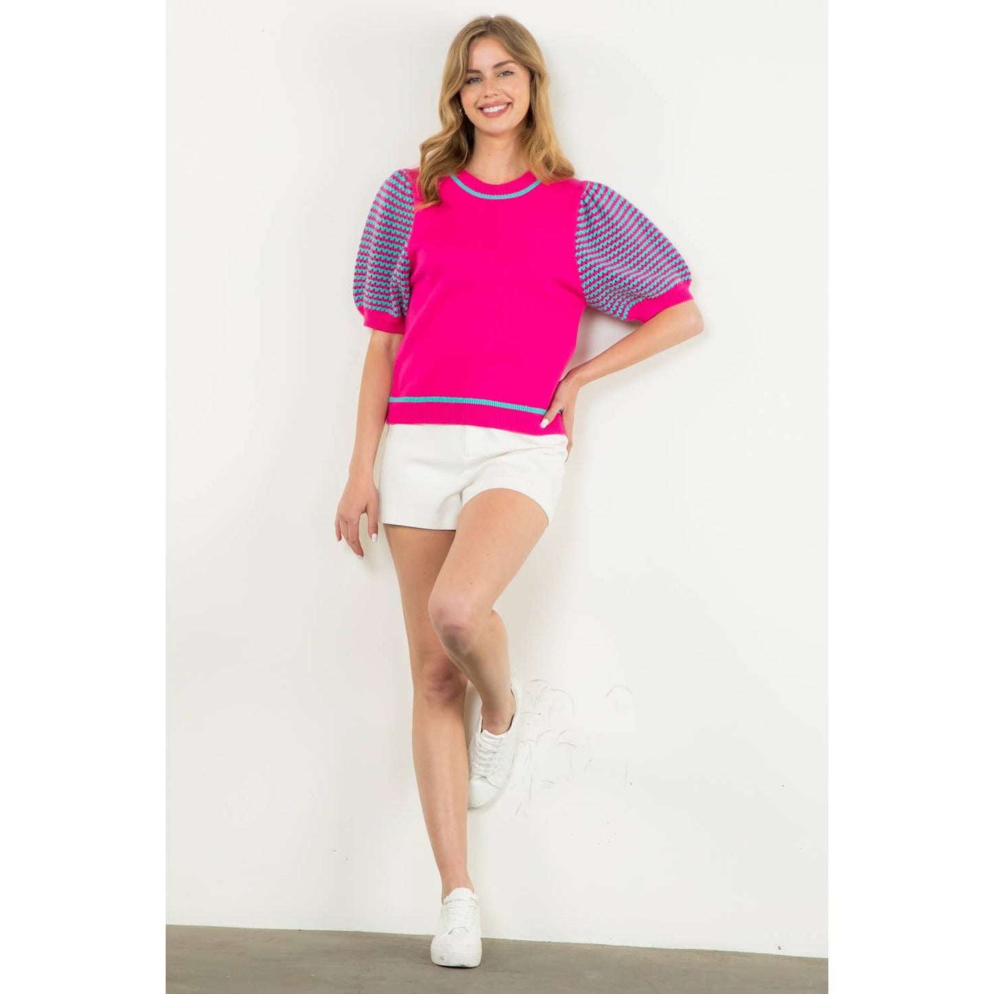 Knitted Puff Sleeve Top: MAGENTA