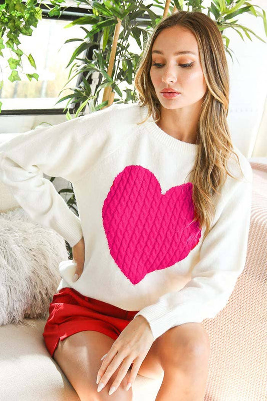 Heart Design Cable Detail Knitted Sweater Top White/Pink