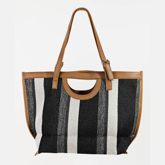 Striped Faux Leather Trim Tote Bag: Black