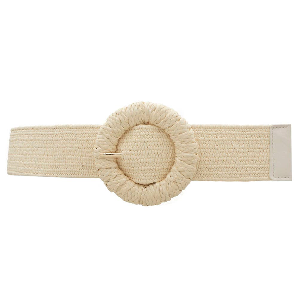 STRAW WRAPPED CIRCLE ELASTIC STRAW BELT : Tan