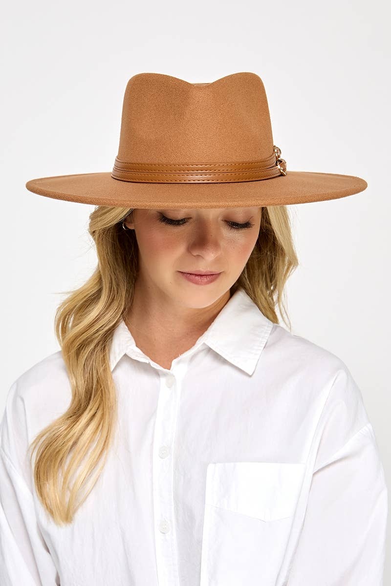 Double Belt Strap Fedora Fashion Hat: Brown