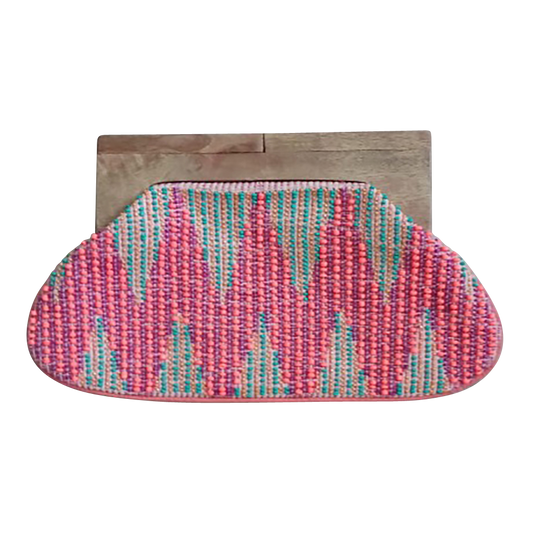 Pink Zig Beaded Women's Clutch Bag with Wooden Handle