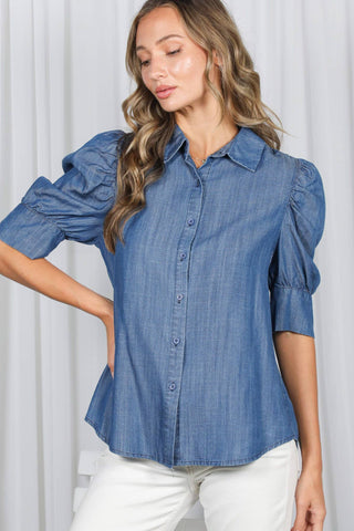 Collared Puff Sleeve 100%Tencel Chambray Shirt VT81707K: Light Denim / L