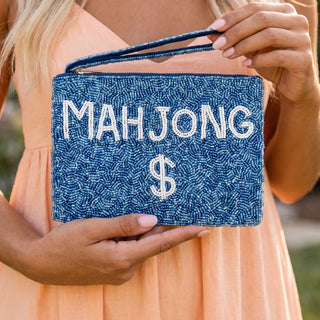 Mahjong Money Beaded Zip Pouch: BLUE