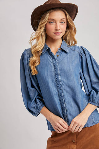DENIM BUTTON DOWN PUFF SLEEVED SHIRT: LT.WASH / M
