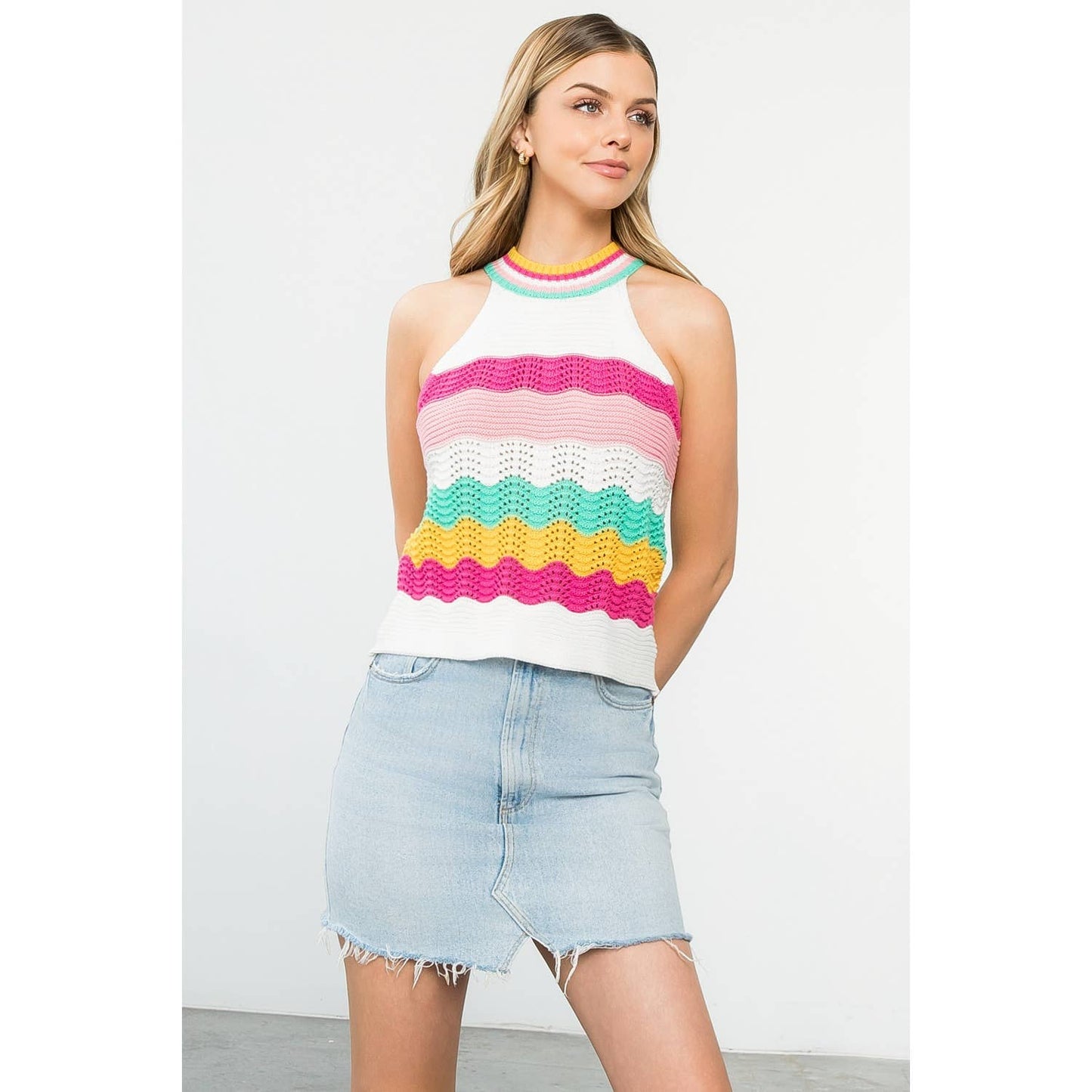Cream Sleeveless Halter Knit Top with Color Stripe Detail: CREAM