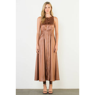 Pleated Sleeveless Maxi Dress: BROWN / XS-S-M-L(1-2-2-1)