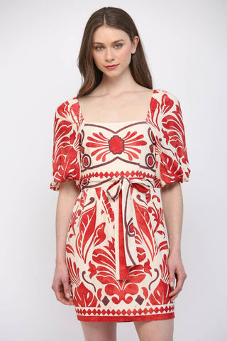 TROPICAL PRINT LINEN BLEND SASH TIE MINI DRESS FD30609: IVORY / RED / M