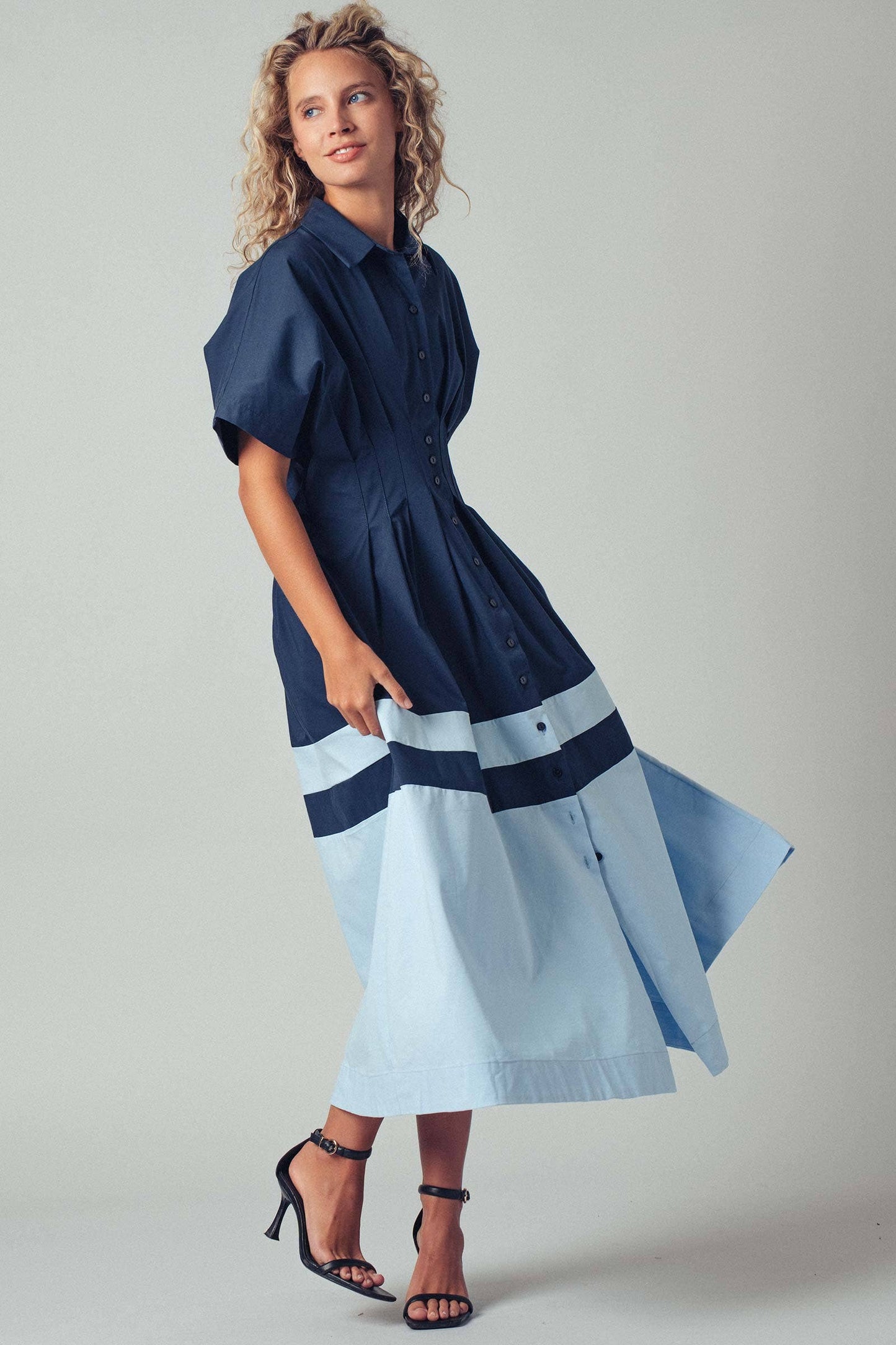 Colorblock Button-Up Cotton Midi Dress: CAMEL / S-2/M-2/L-2