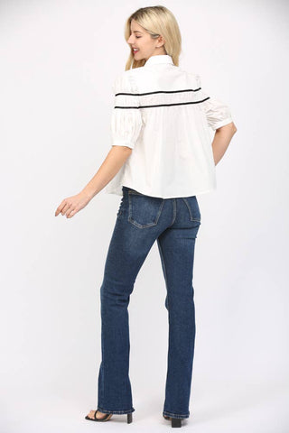 CONTRAST TAPE TRIMMED SHIRRED TOP FT25187: OFF WHITE / L