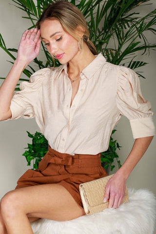 Collared Neckline Puff Short-Sleeve Blouse Top VT81707C: Taupe / M