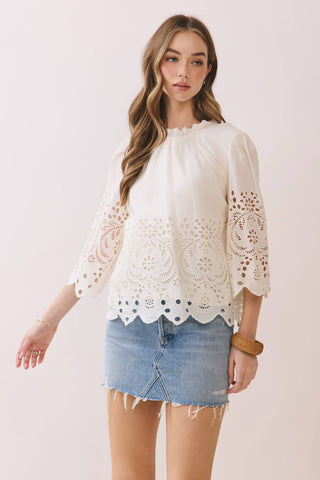 CT9629-Floral Eyelet Embroidery Detail Solid Top: Ivory / M