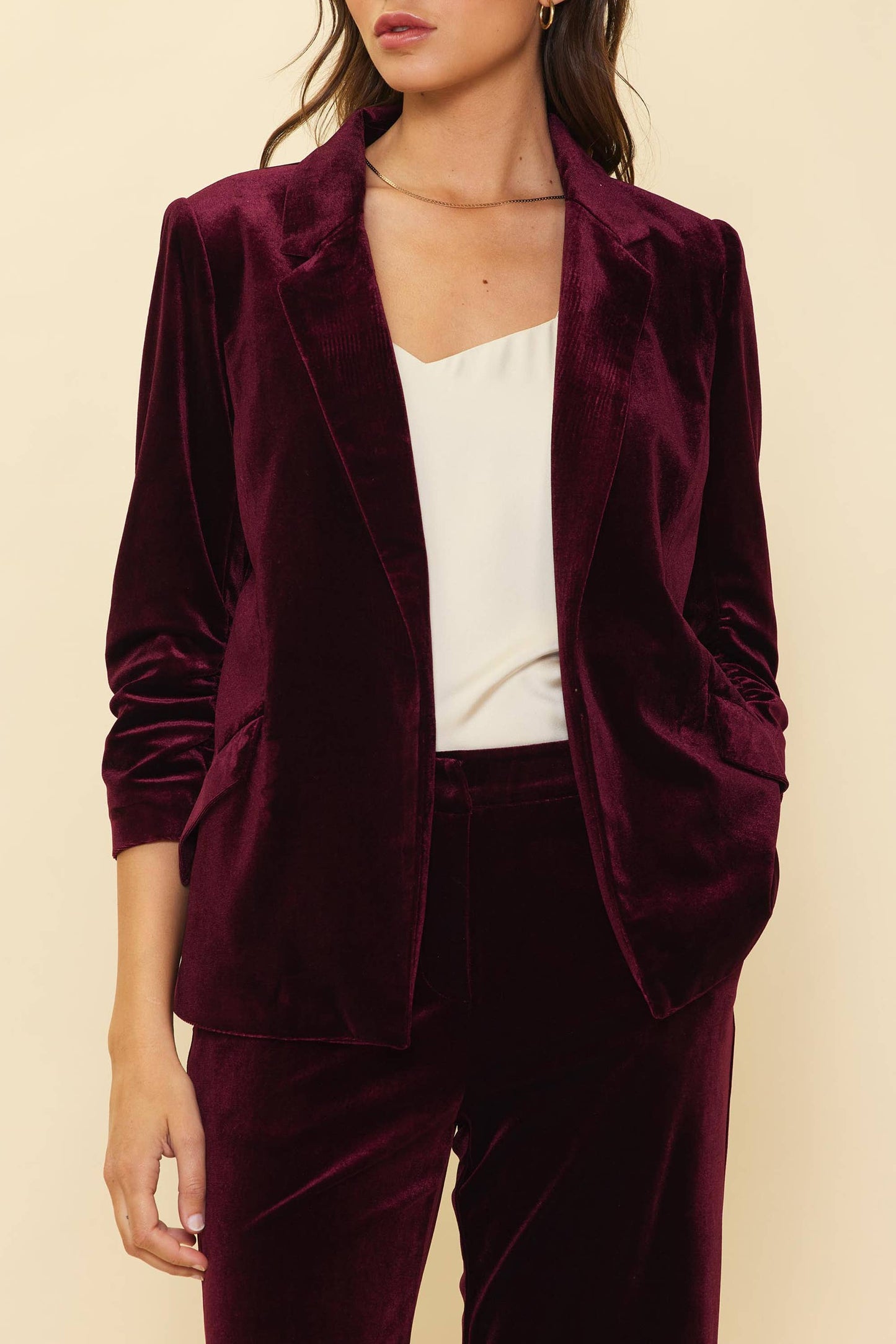 Velvet Blazer with Ruched Sleeves: Red / L