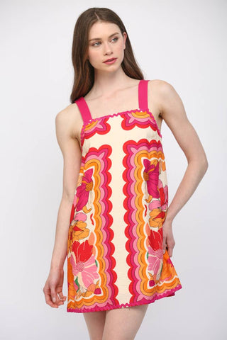 RIC-RAC TRIMMED WIDE SHOULDER STRAP FLORAL DRESS FD34165: IVORY MULTI / S