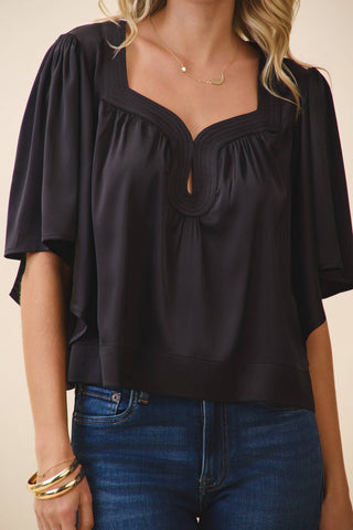 CT9707-Wide Notched Neck Draped Sleeves Top: Black / S
