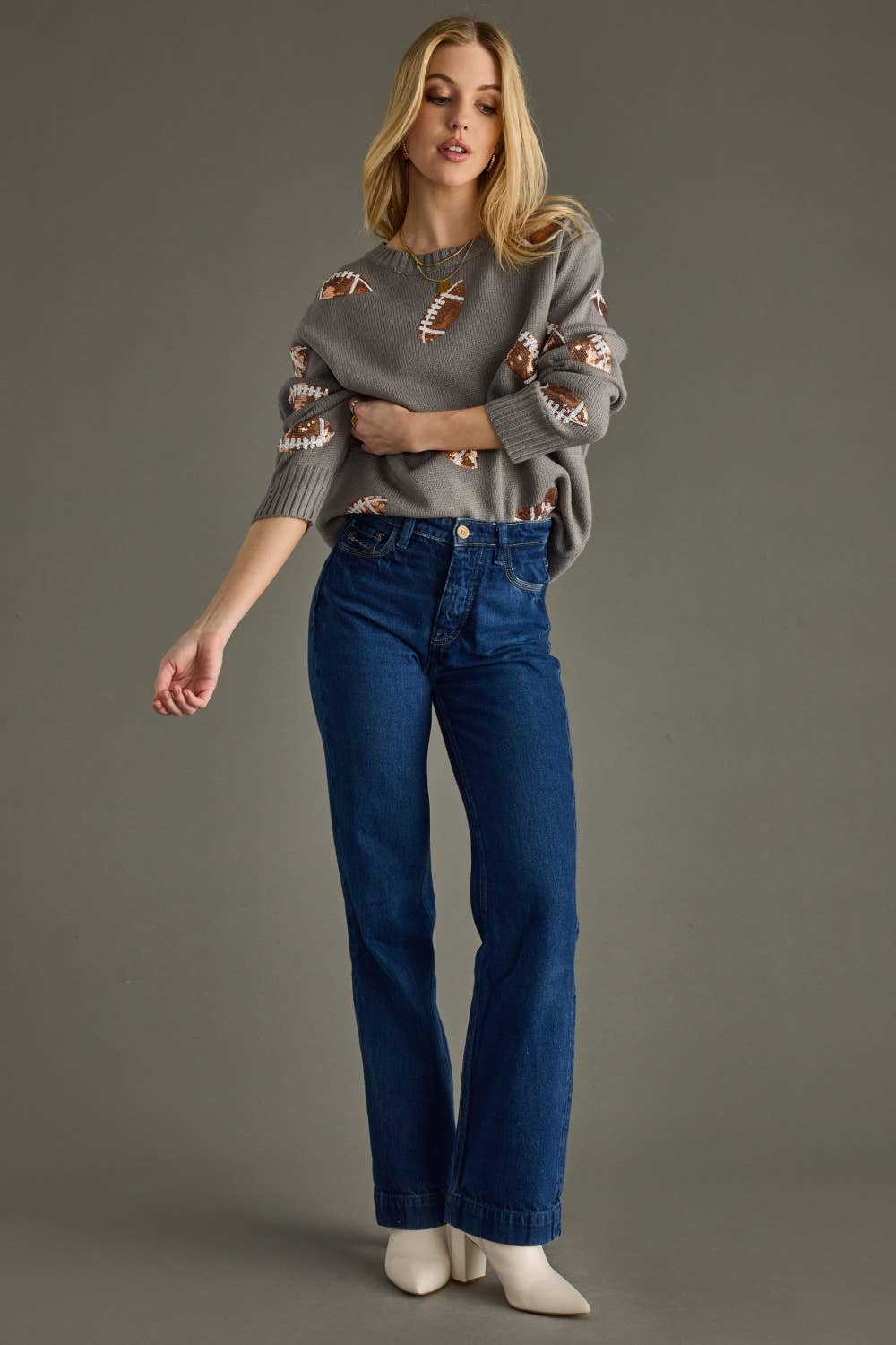 Gray Sequin Footballs Sweater
