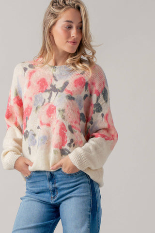 Oversized Floral Print Soft Knit Sweater: CREAM MULTI / SM-ML (3-3)