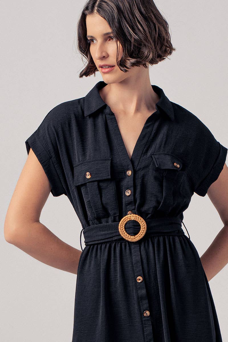 Stationary Icon Midi Shirt Dress: BLACK / S-2/M-2/L-2