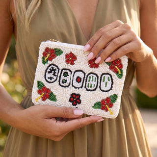Mahjong Tiles Hibiscus Beaded Coin Pouch: IVORY