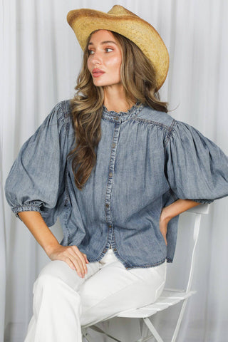 Ruffle Neck 100% Tencel Chambray Washed Denim Shirt VT83327: Washed Denim / M
