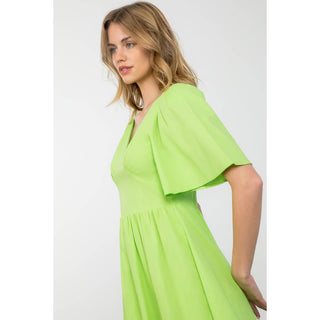 Avery Puff Sleeve V-Neck Solid Mini Dress: LIME