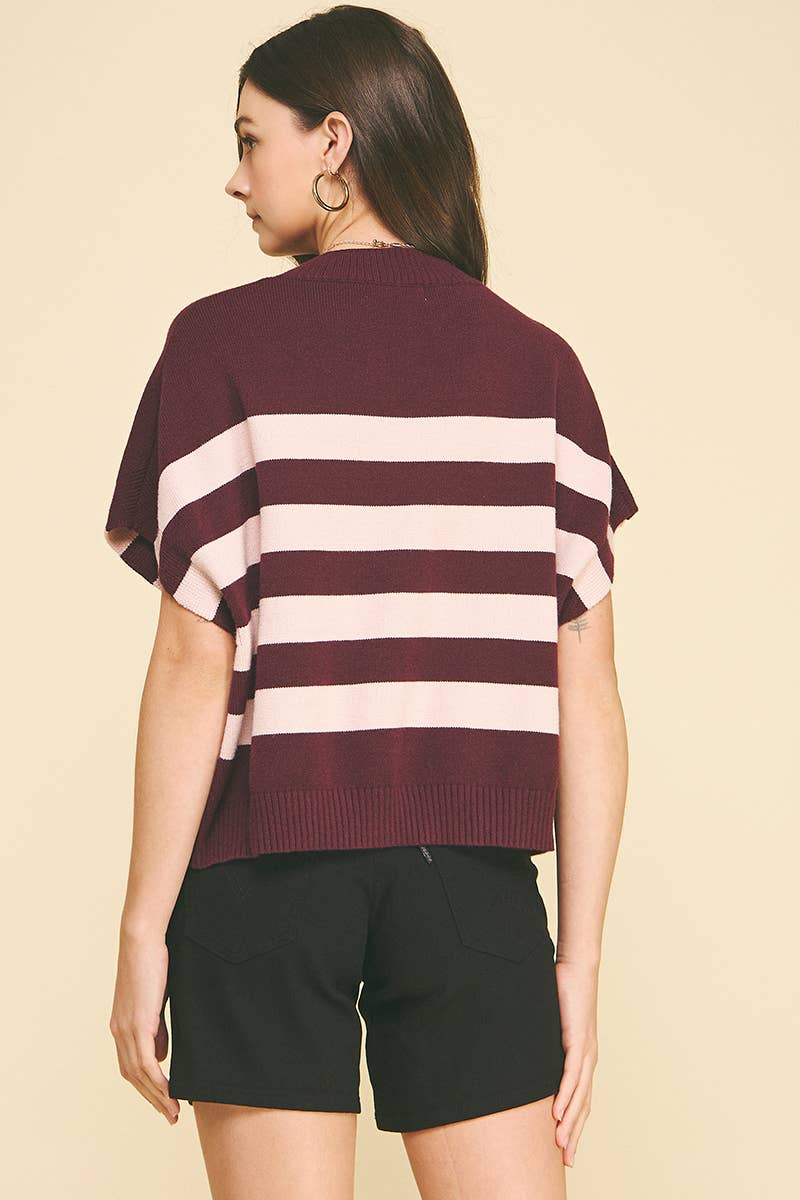 STRIPE SWEATER VEST - 4739WA: WINE/PINK / L
