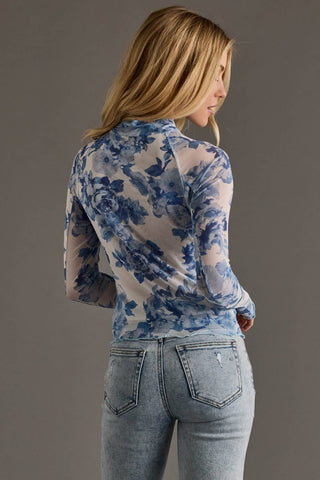 Blue & White Floral Mesh Top