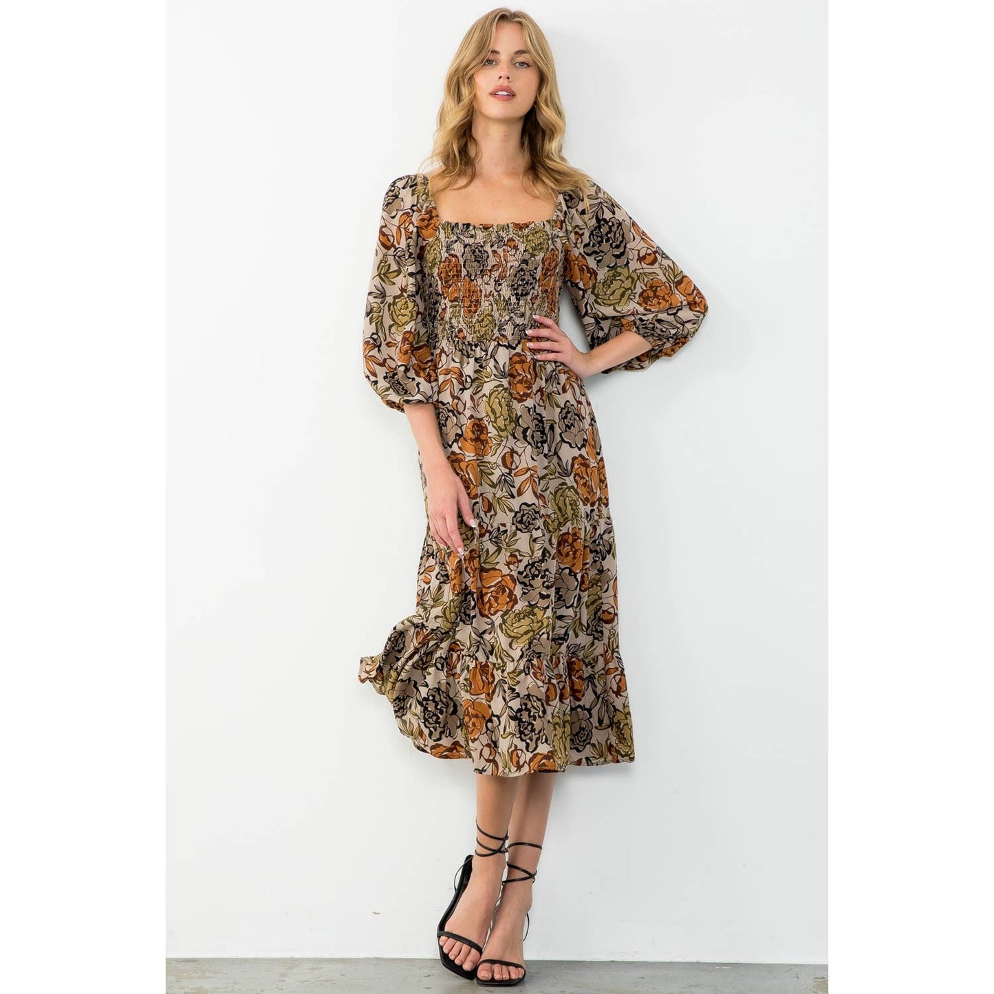 Balloon Sleeve Smocked Floral Print Maxi Dress: TAUPE / XS-S-M-L(1-2-2-1)