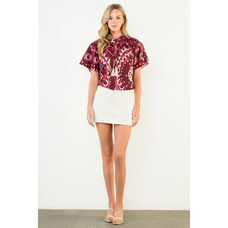 Short Sleeve Print Tie Tassel Top: PURPLE / XS-S-M-L(1-2-2-1)