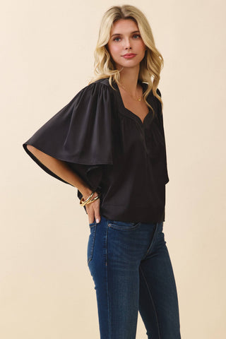 CT9707-Wide Notched Neck Draped Sleeves Top: Black / L