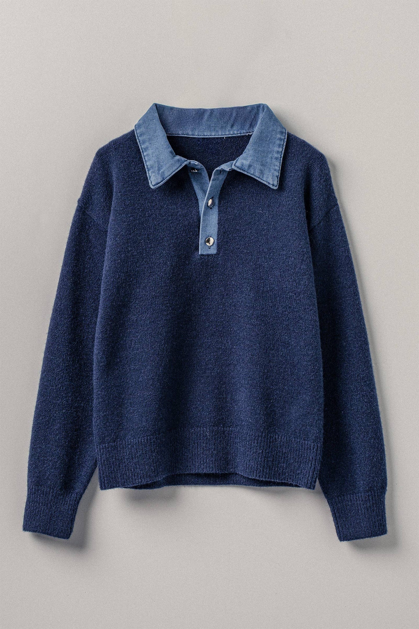 Denim Collar Contrast Button Knit Pullover: IVORY / S/M-3:M/L-3