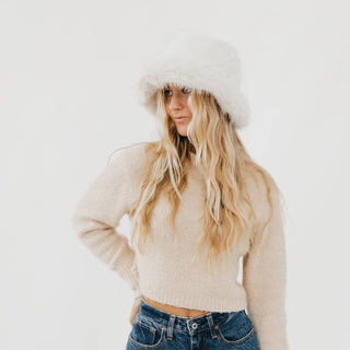 Faux Fur Flora Bucket Hat: Cream