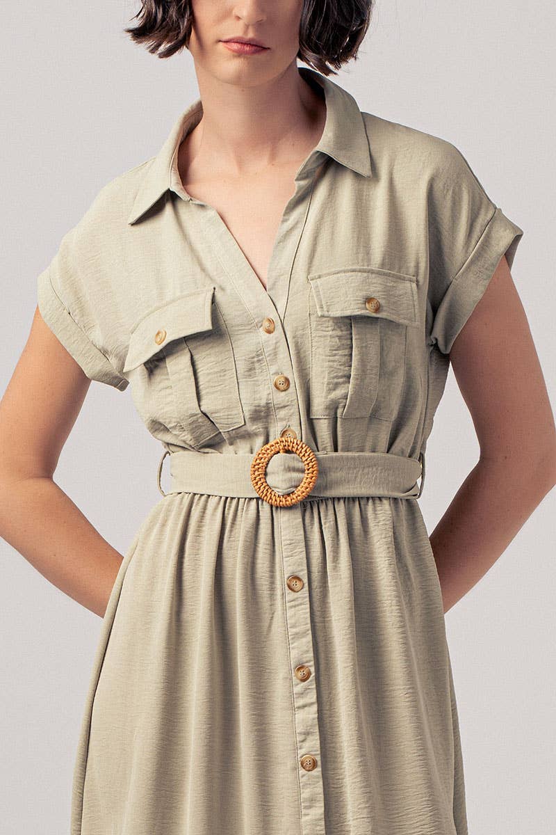 Stationary Icon Midi Shirt Dress: LT KHAKI / S-2/M-2/L-2