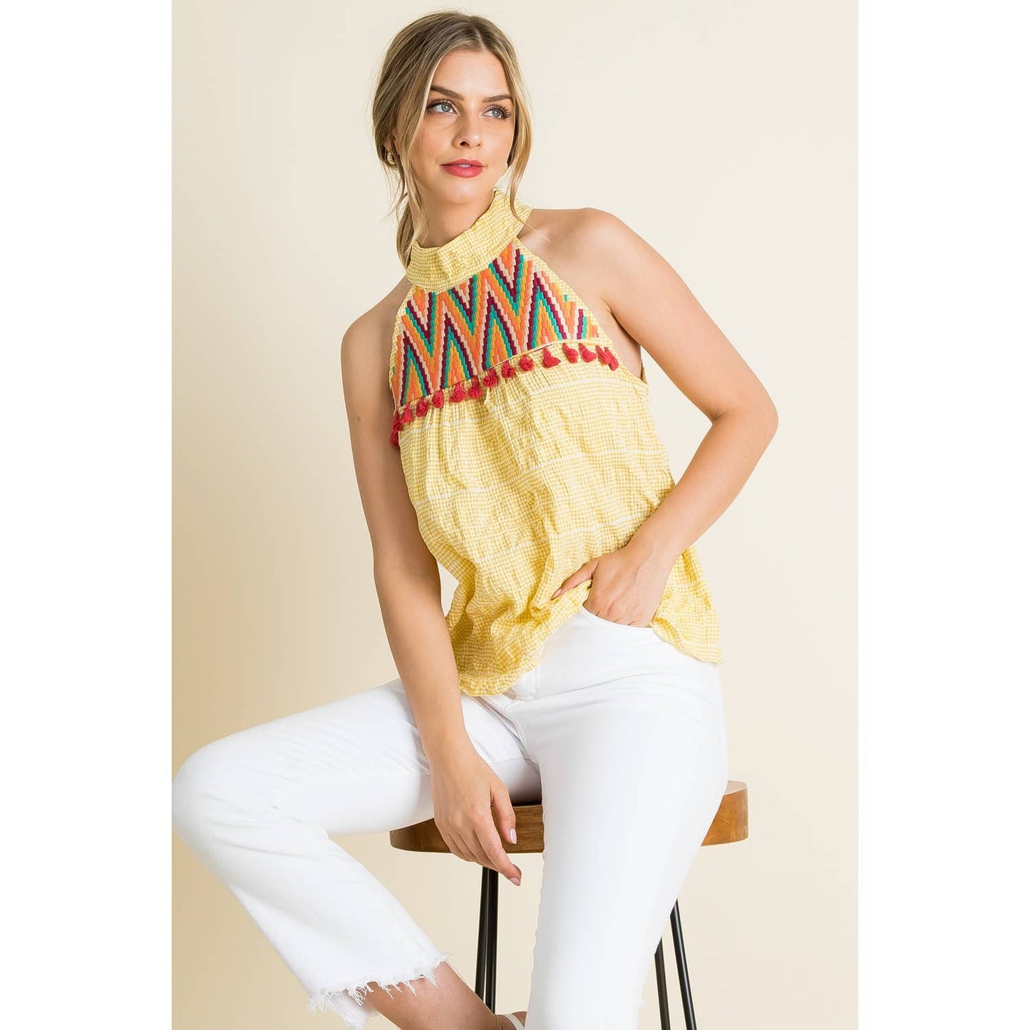 Embroidered Gingham Print Halter Top: YELLOW