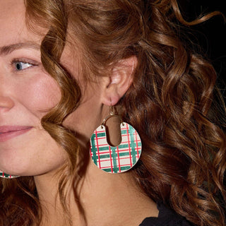 Ecru Holiday Tartan Leo Leather Statement Hoop Earrings: Silver