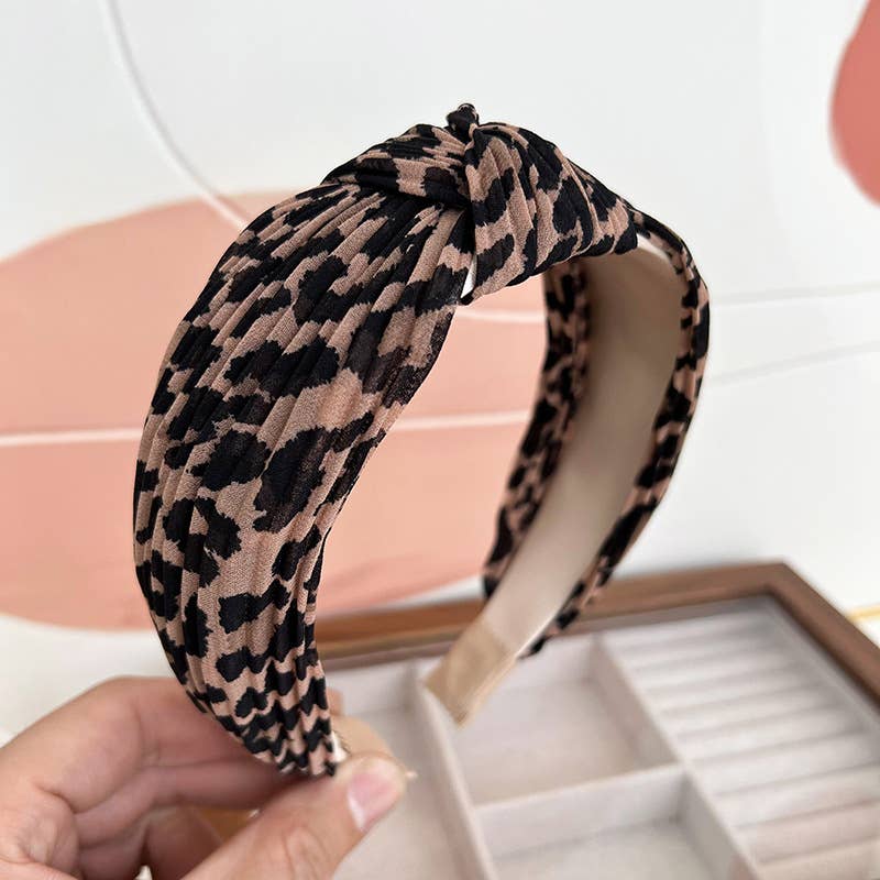 Pleated Leopard Print Knot Headband