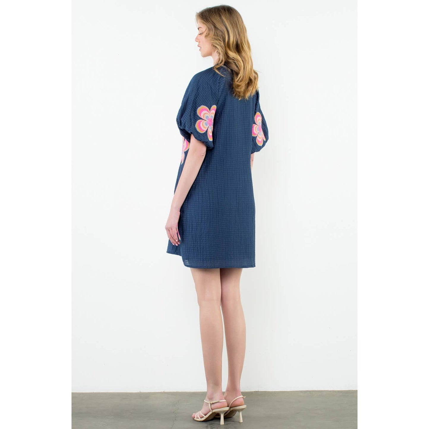 Flower Embroidered Textured Dress: NAVY