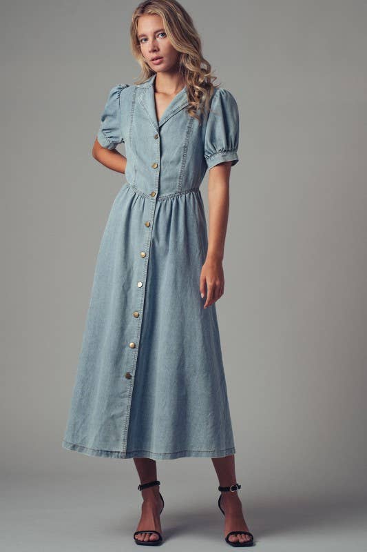 Lydia Button-Down Puff Sleeve Denim Dress