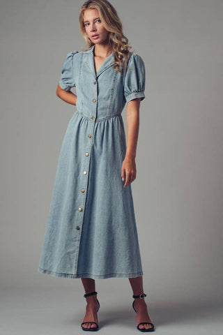 Lydia Button-Down Puff Sleeve Denim Dress