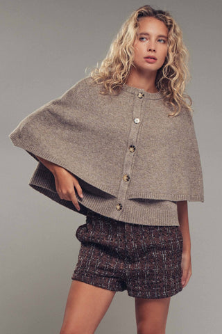 Chloe Button-Front Sweater Cape: CHARCOAL