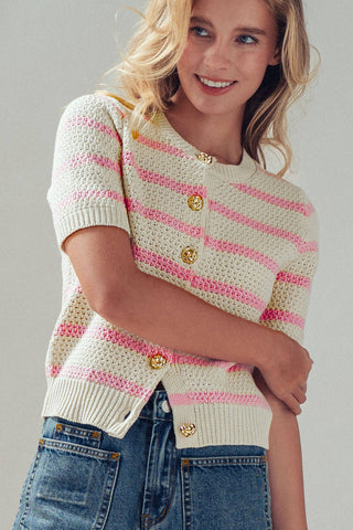Retro  Striped Textured Knit Button-Up Top: Mocha / S-M-L:2-2-2