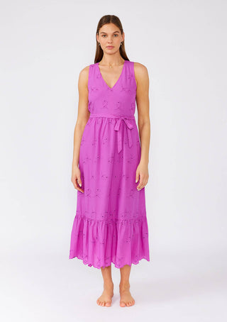 Cotton Embroidered Eyelet V Neck Belted Midi Dress: Orchid